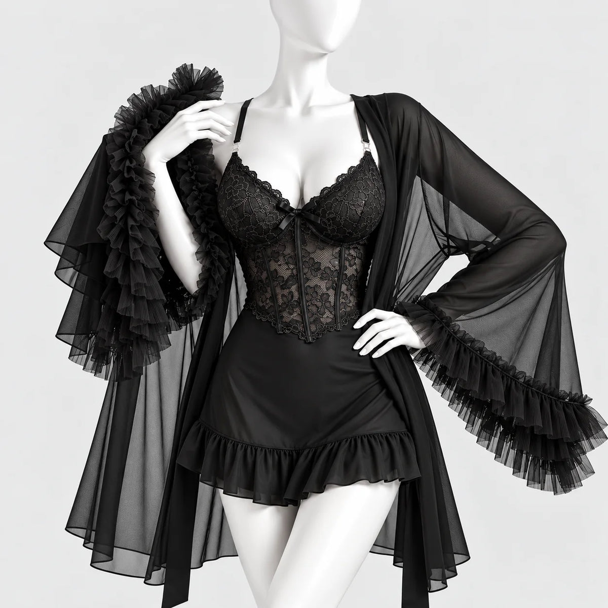 Lace Slip Dress & Sheer Robe Lingerie Set