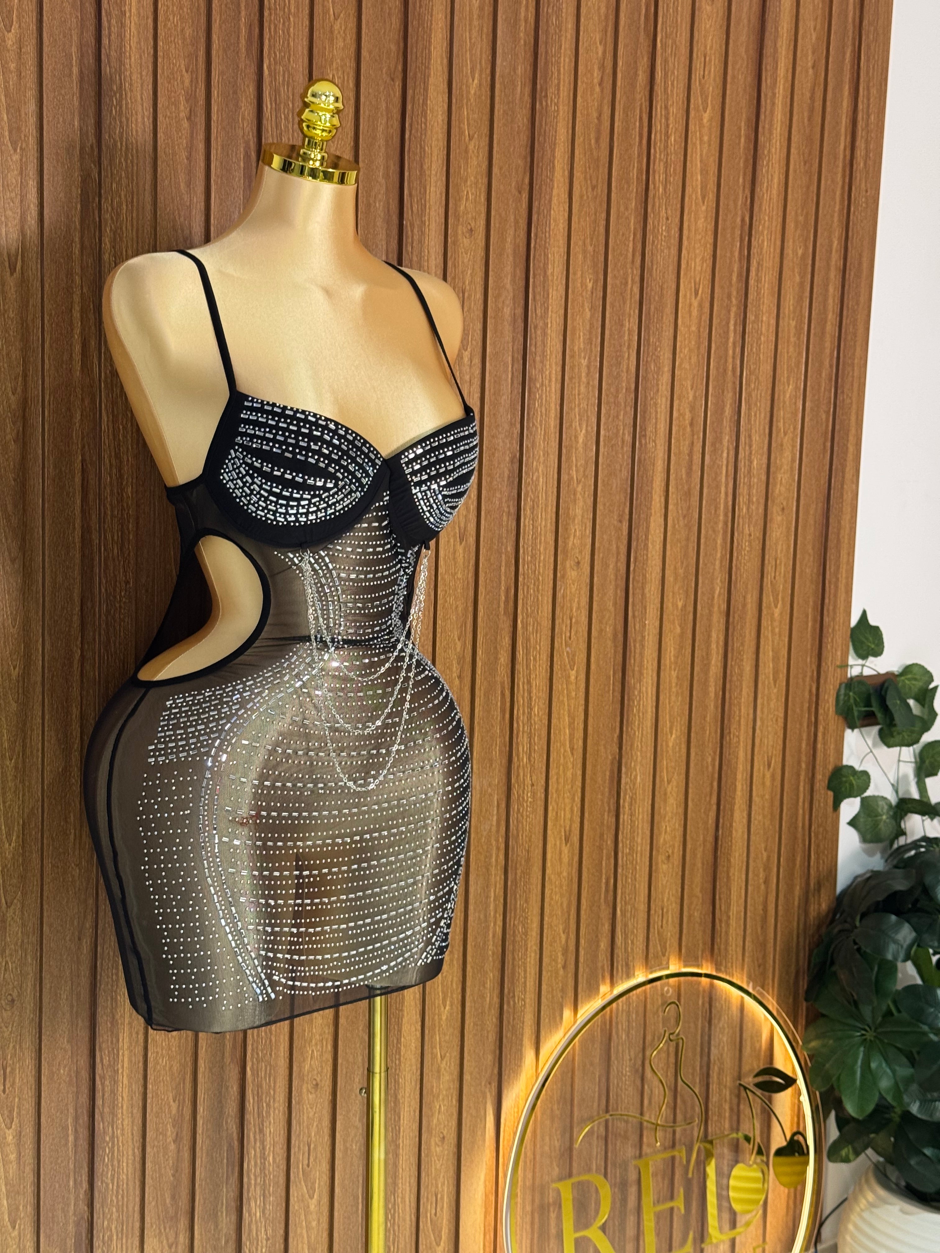 Rhinestone Cut-Out Dress with Chains
