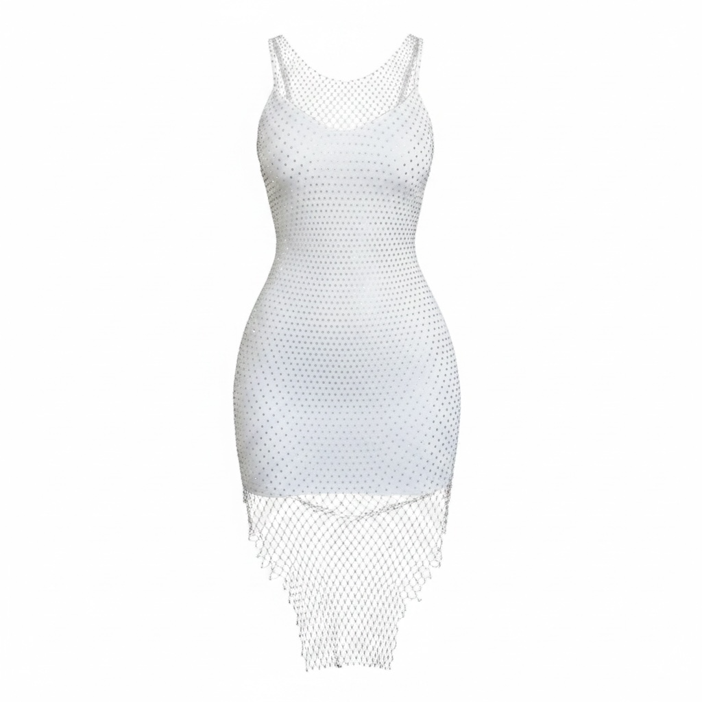 Glittery Rhinestone Mesh Mini Dress