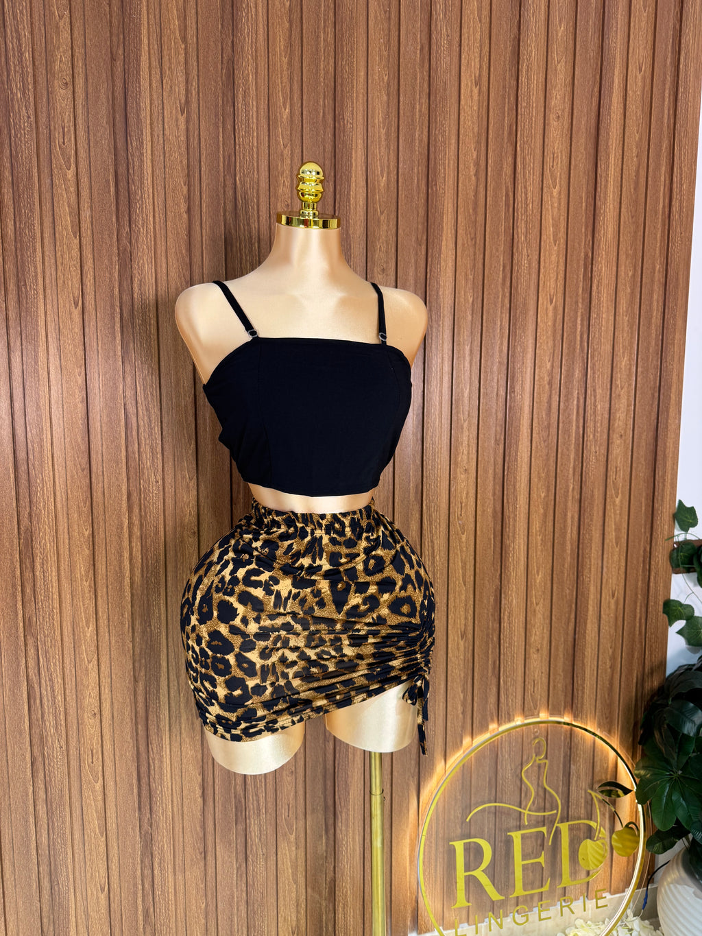 2-Piece Solid Crop Top & Ruched Leopard Skirt Set