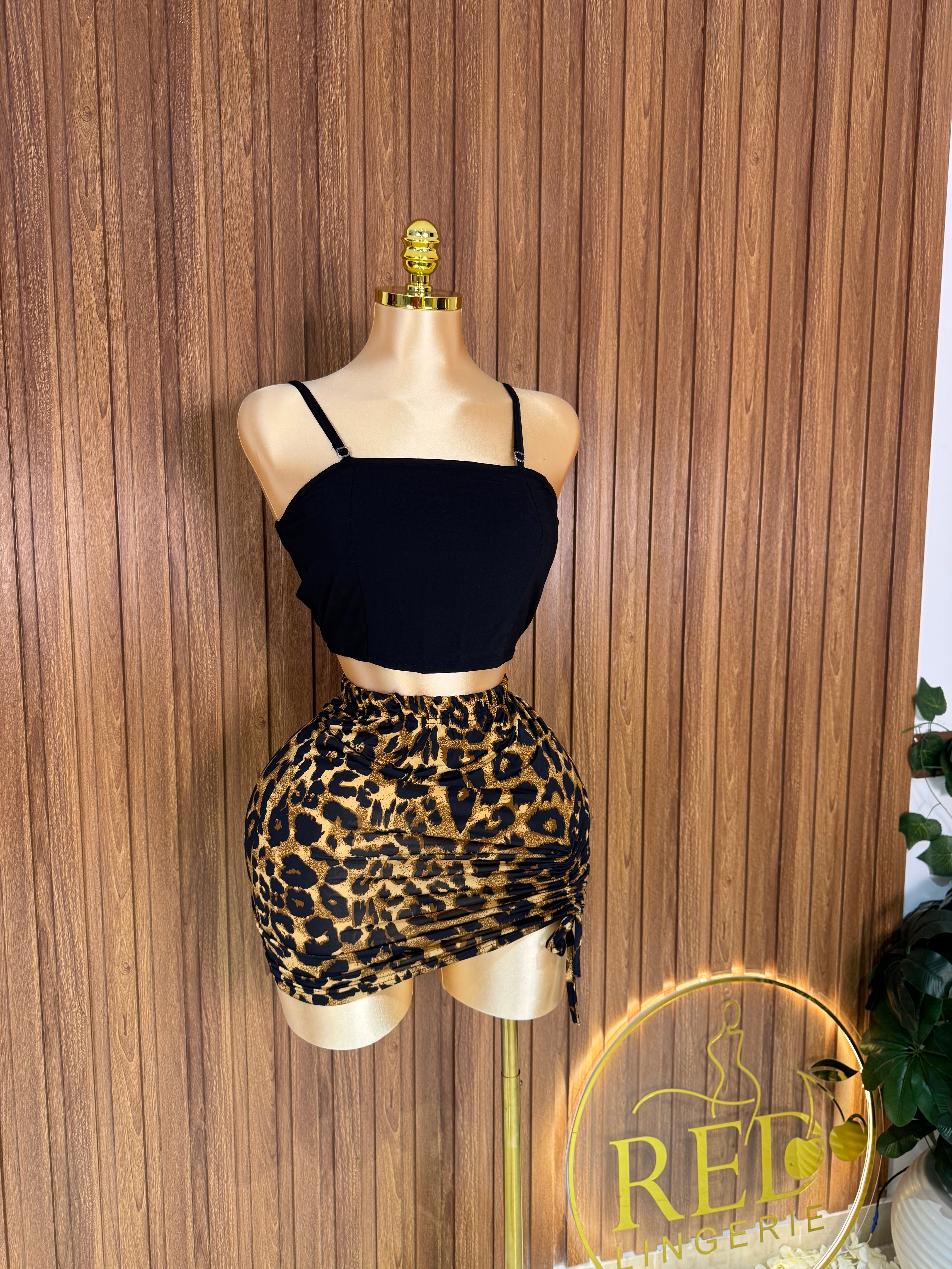 2-Piece Solid Crop Top & Ruched Leopard Skirt Set