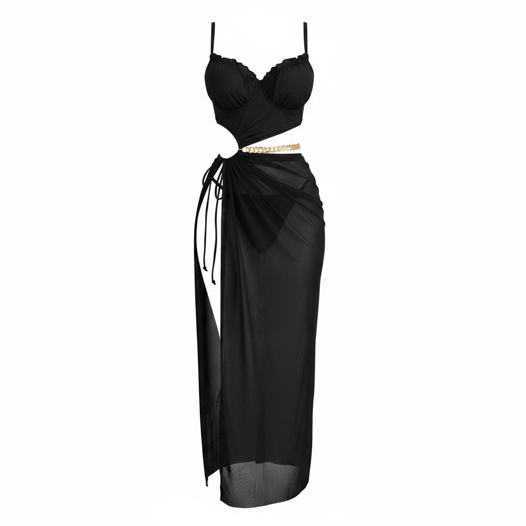 Lace Cut-Out Maxi Dress with Chain