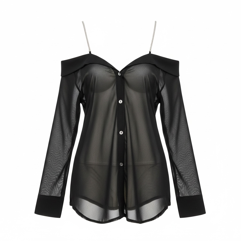 off-shoulder black sheer lingerie with diamod straps