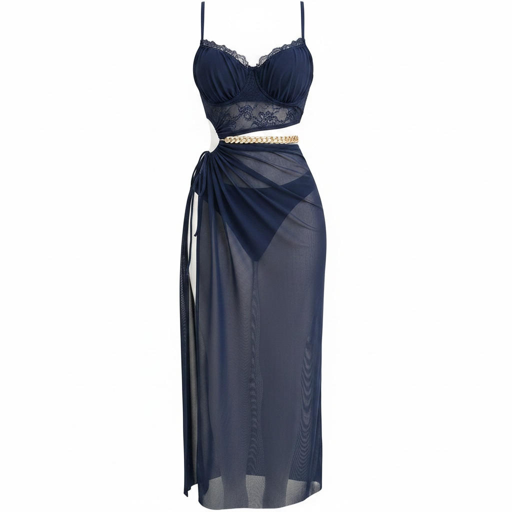 Lace Cut-Out Maxi Dress with Chain