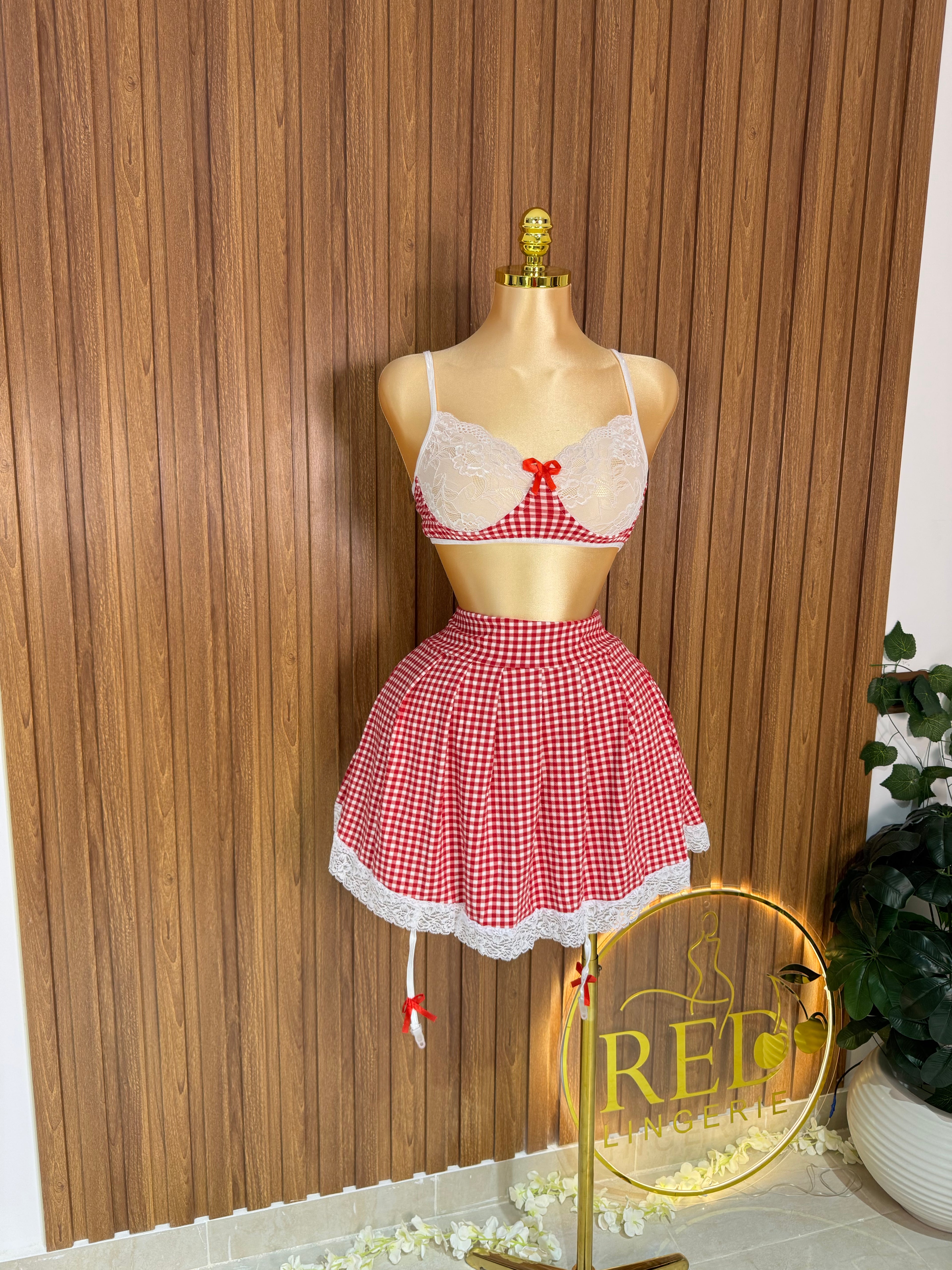 Polka Dot Lingerie Set with Lace Trim & Garters