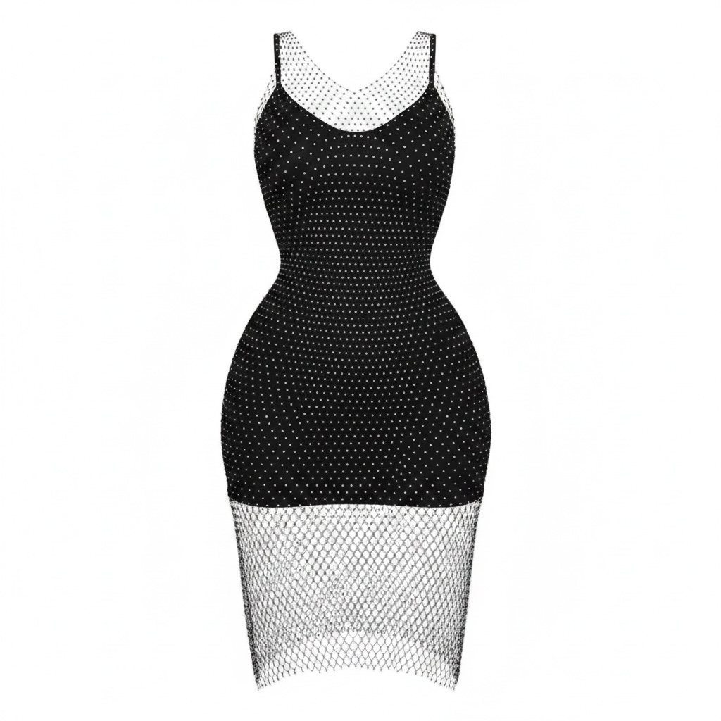 Glittery Rhinestone Mesh Mini Dress