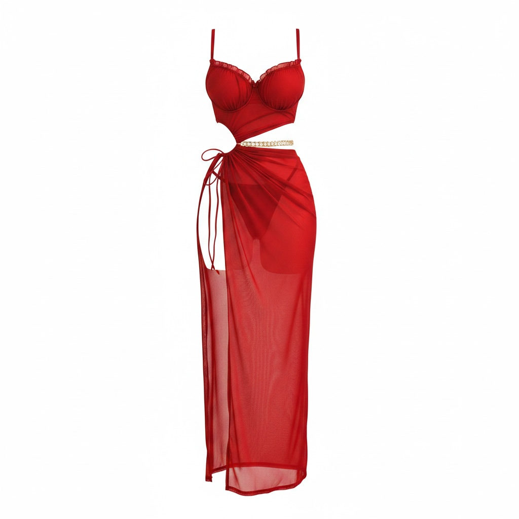 Lace Cut-Out Maxi Dress with Chain