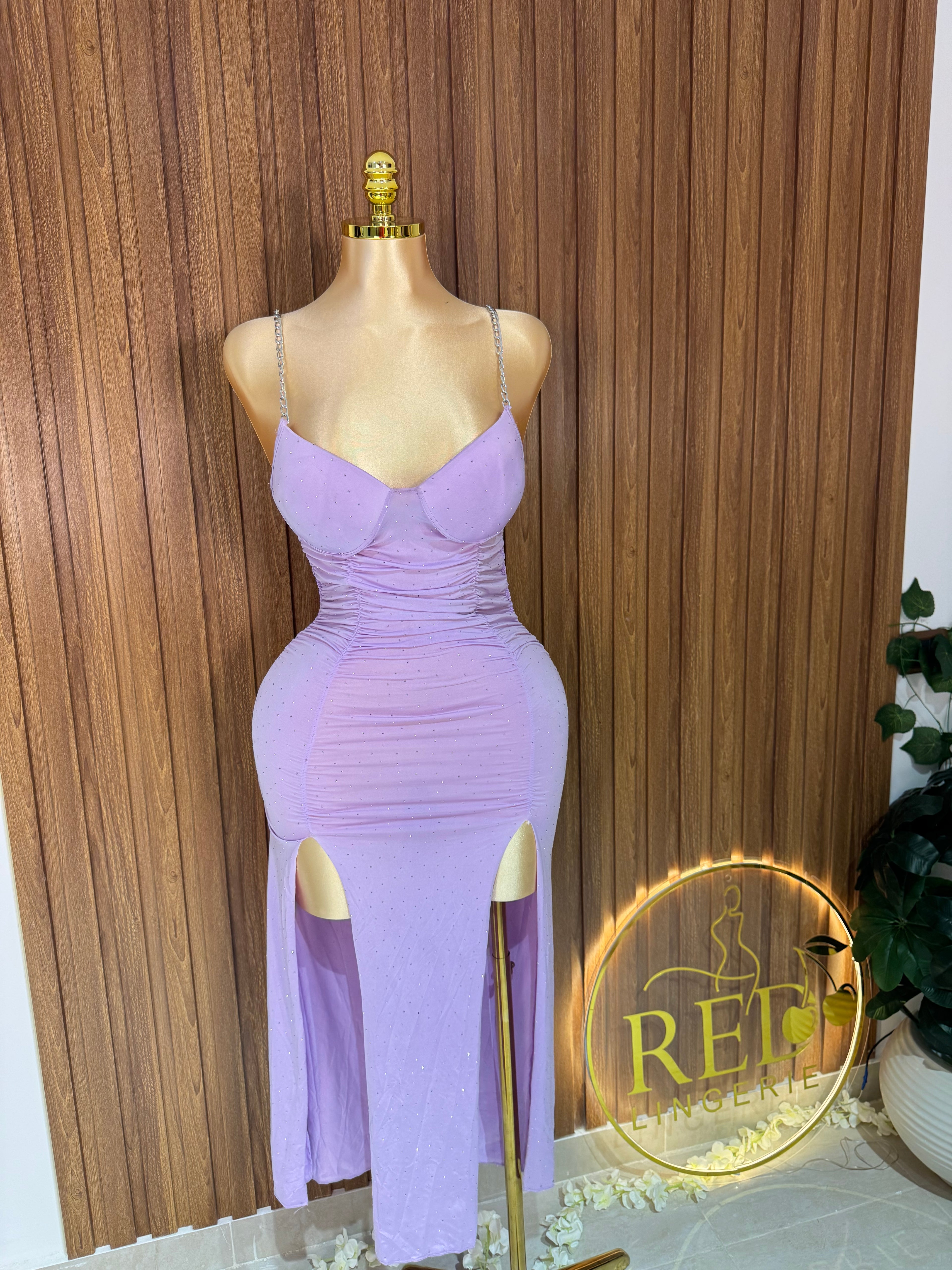 Sparkly Chain-Strap Lingerie Dress with Dual Slits