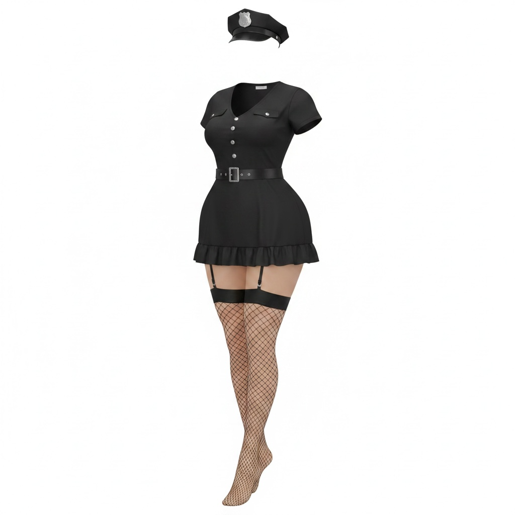 Police Costume Dress with Belt & Stockings