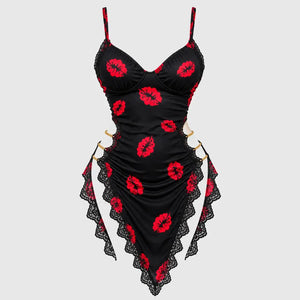 Kiss Print Lace Cut-Out Chemise