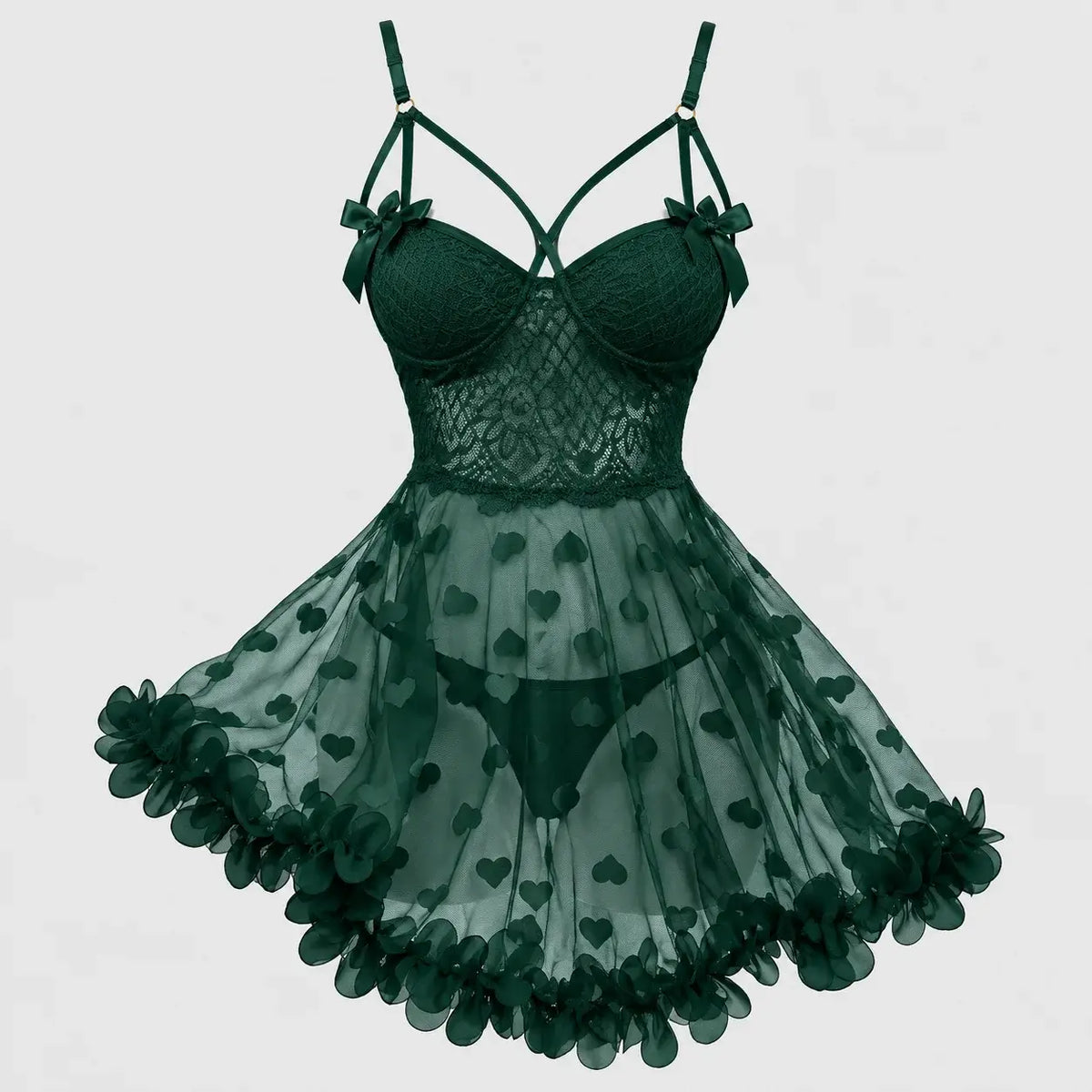 Heart Embroidered Mesh Babydoll Lingerie