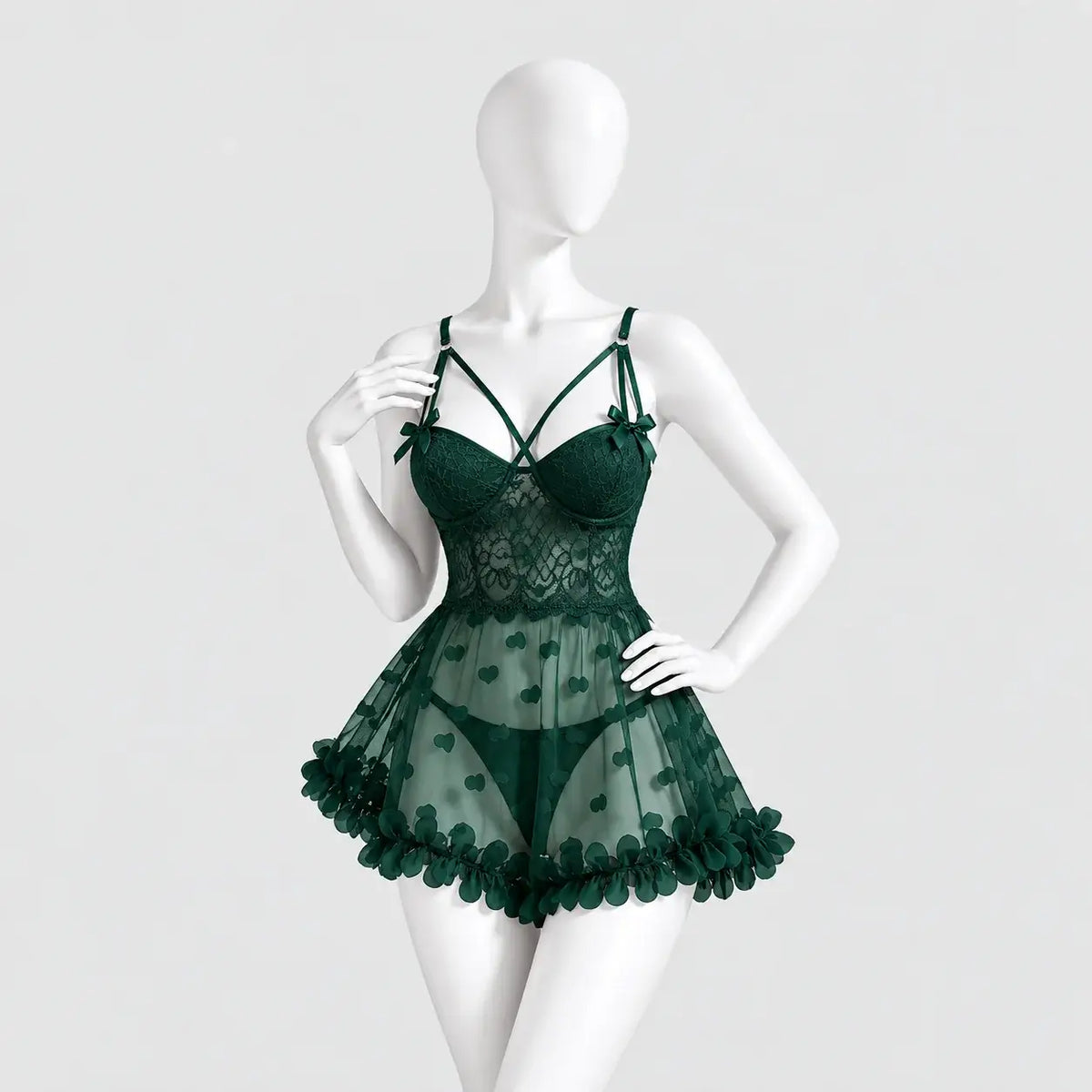 Heart Embroidered Mesh Babydoll Lingerie