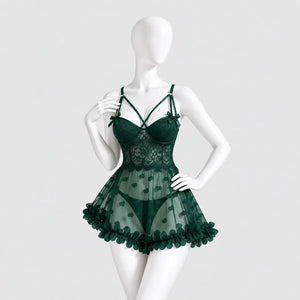 Heart Embroidered Mesh Babydoll Lingerie