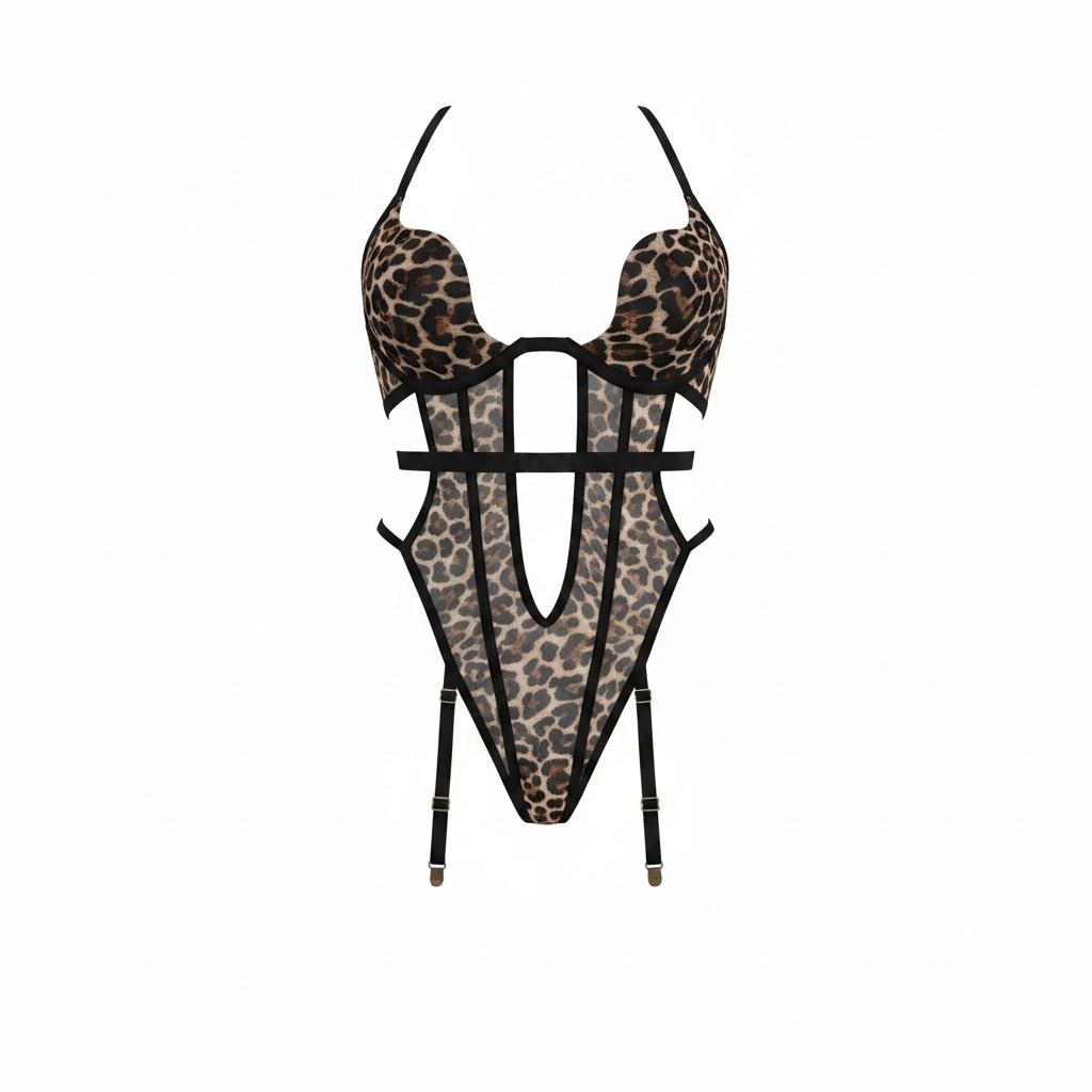 Leopard Print Strappy Bodysuit with Garter