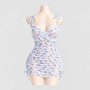 Floral print mesh chemise with tie