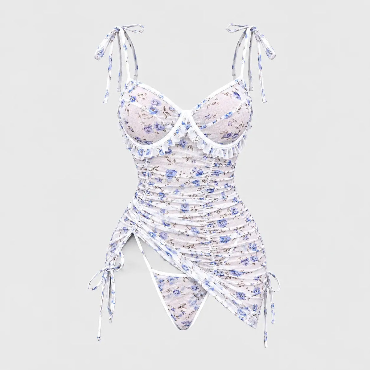 Floral print mesh chemise with tie