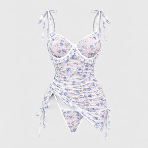 Floral print mesh chemise with tie