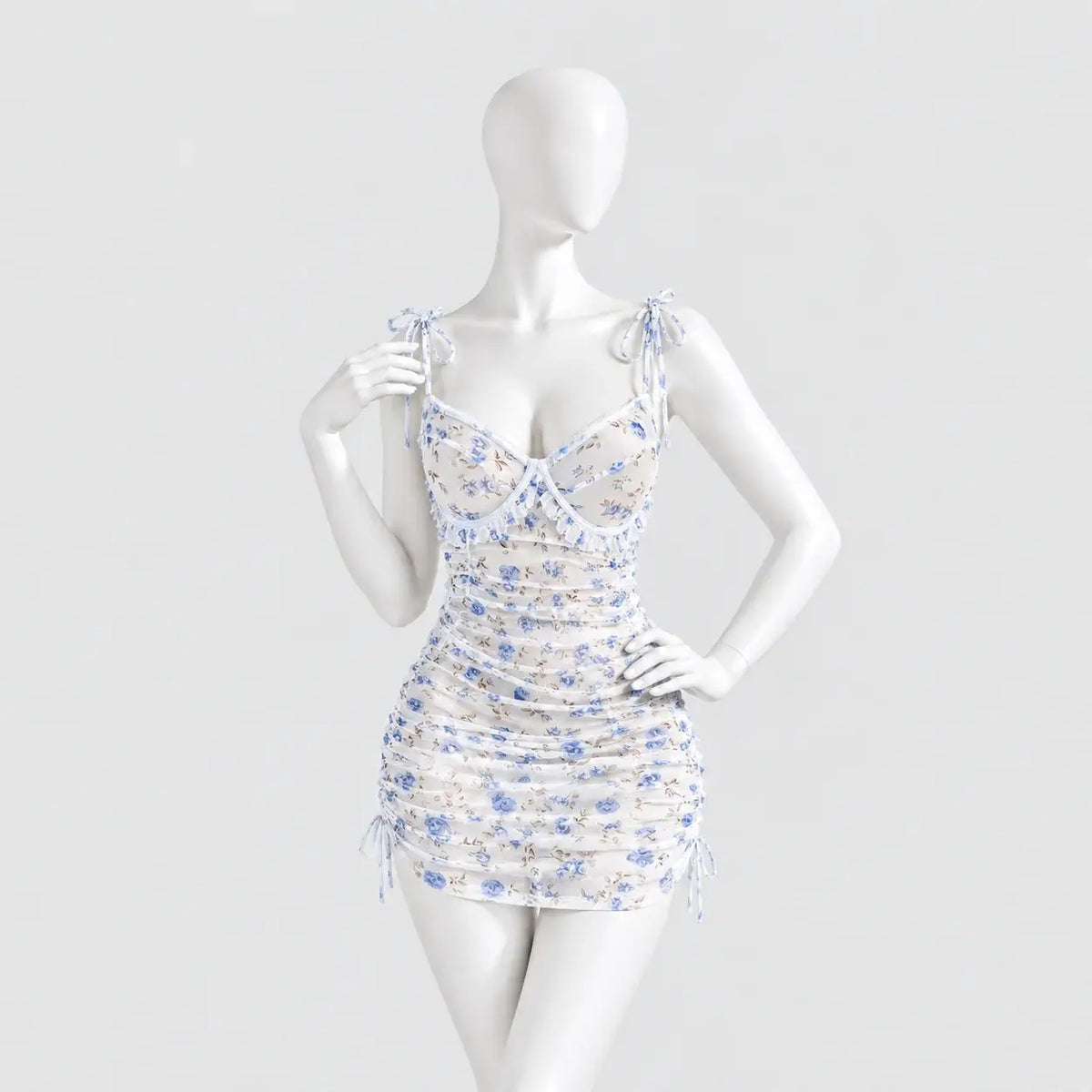 Floral print mesh chemise with tie