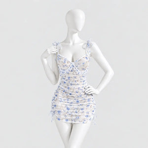 Floral print mesh chemise with tie