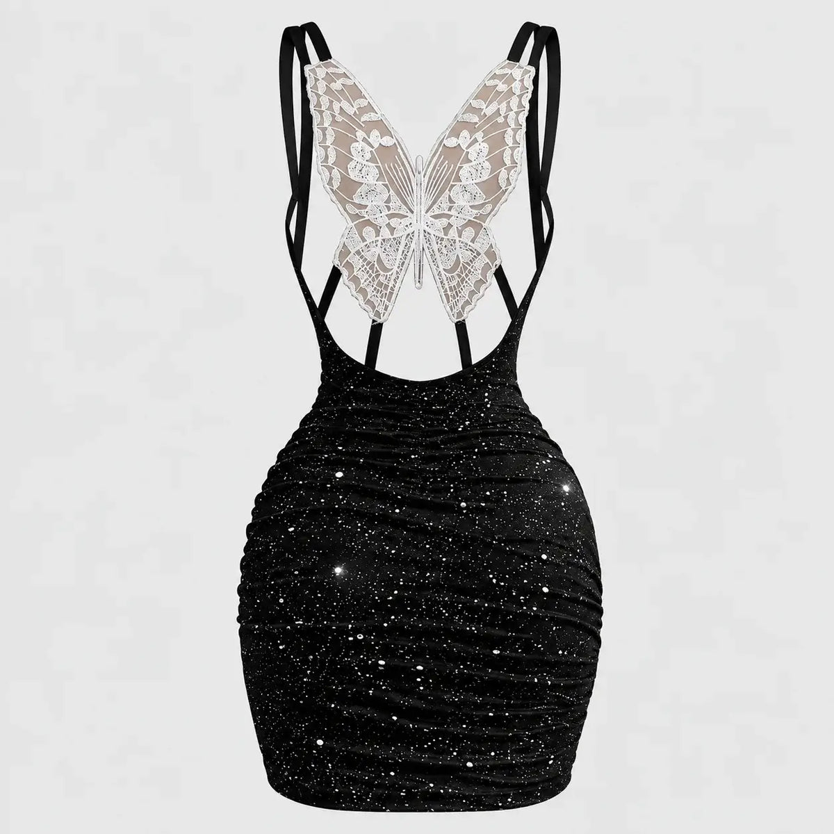 Glitter mini dress with a lace butterfly back
