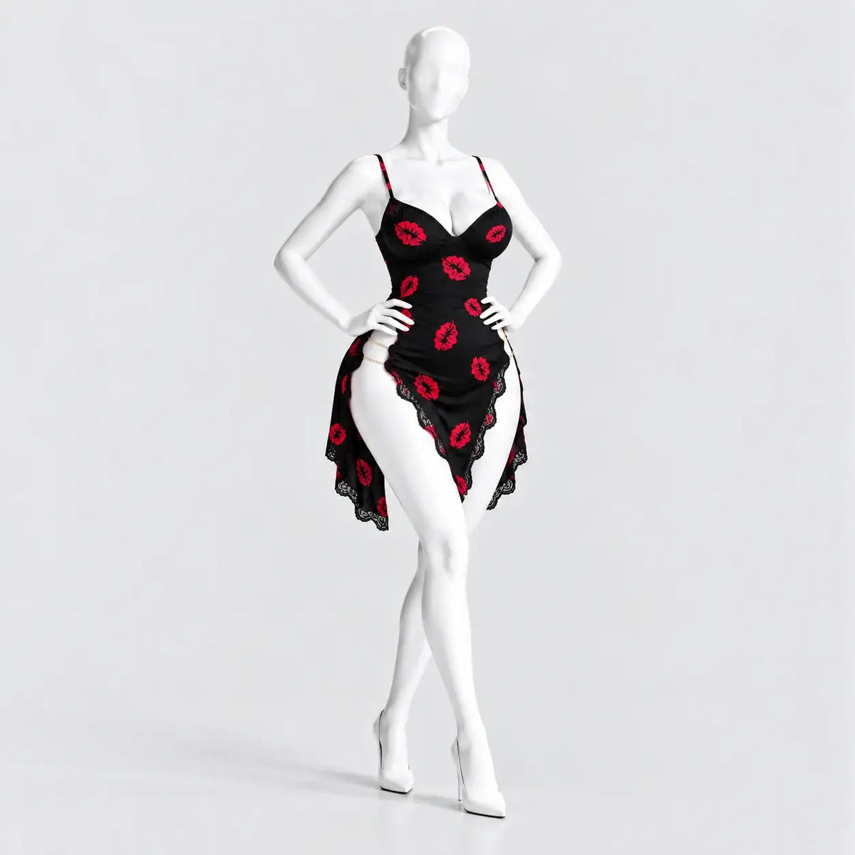 Kiss Print Lace Cut-Out Chemise
