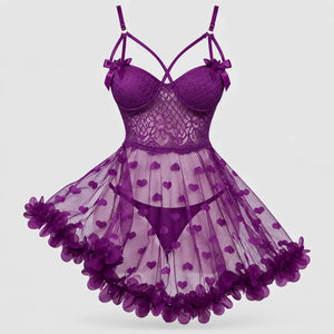 Heart Embroidered Mesh Babydoll Lingerie