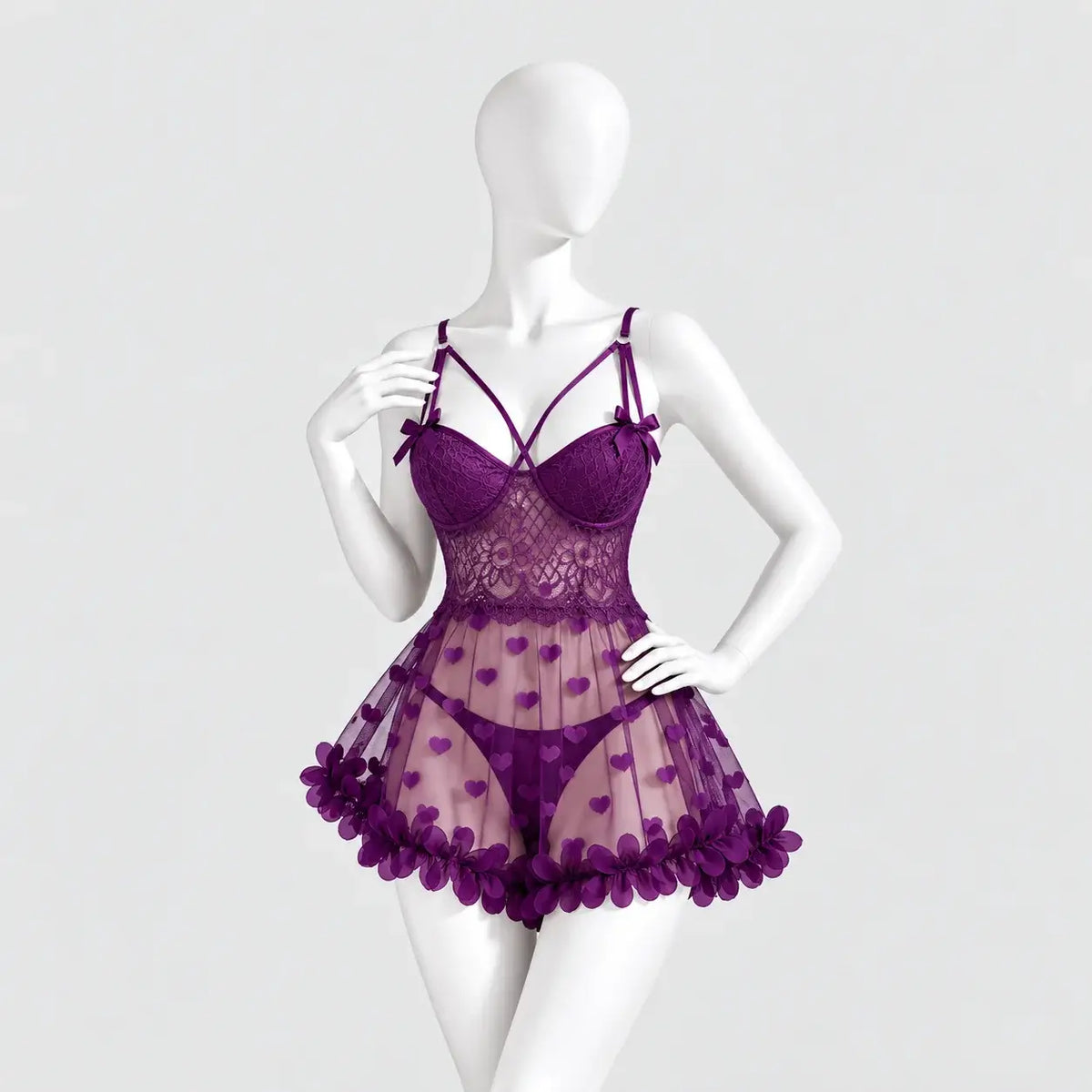 Heart Embroidered Mesh Babydoll Lingerie