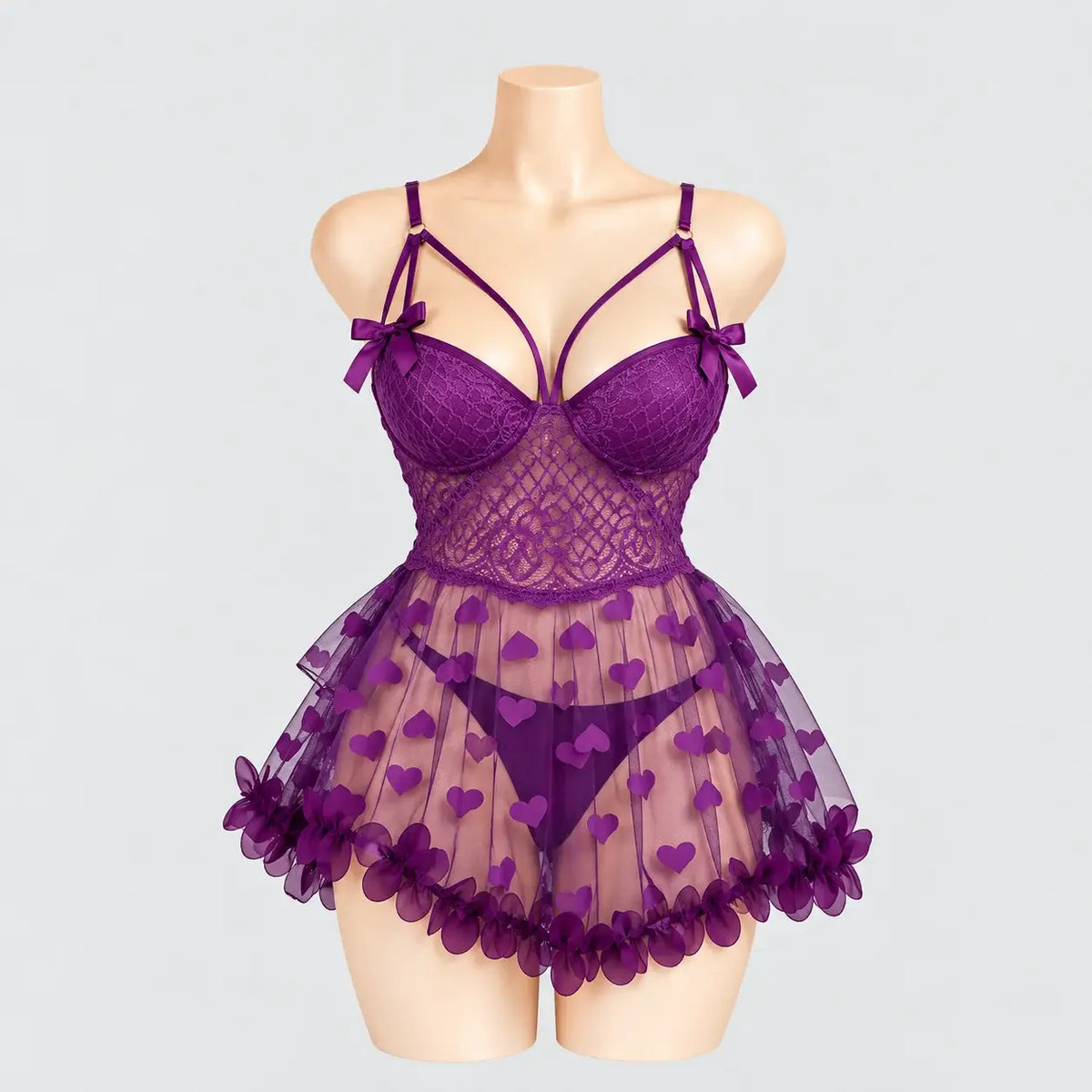 Heart Embroidered Mesh Babydoll Lingerie
