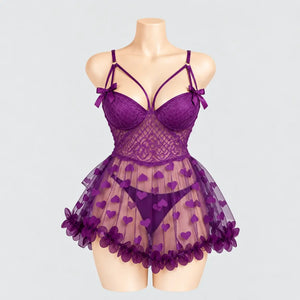 Heart Embroidered Mesh Babydoll Lingerie