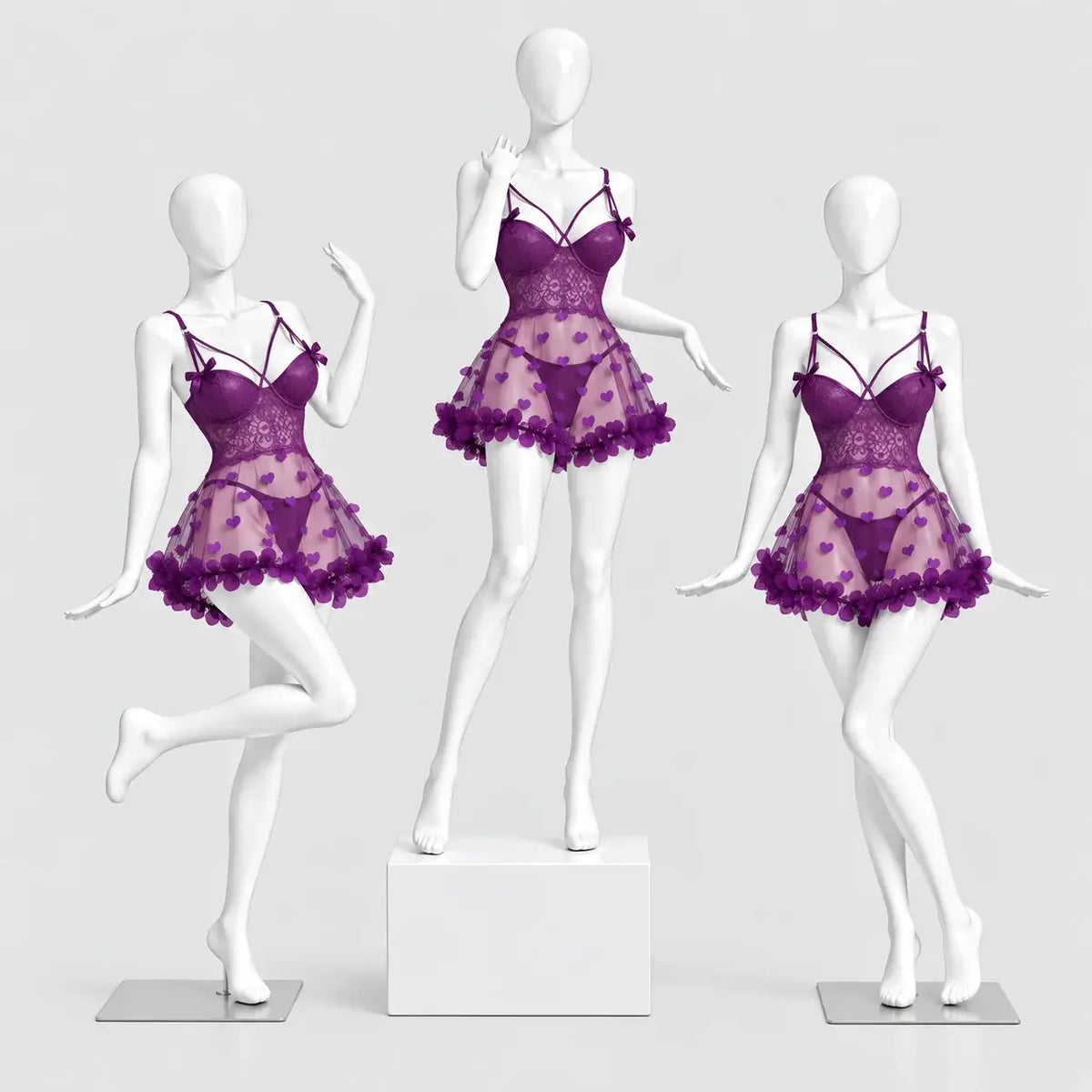 Heart Embroidered Mesh Babydoll Lingerie