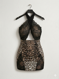 Elegant leopard and black lace halter dress