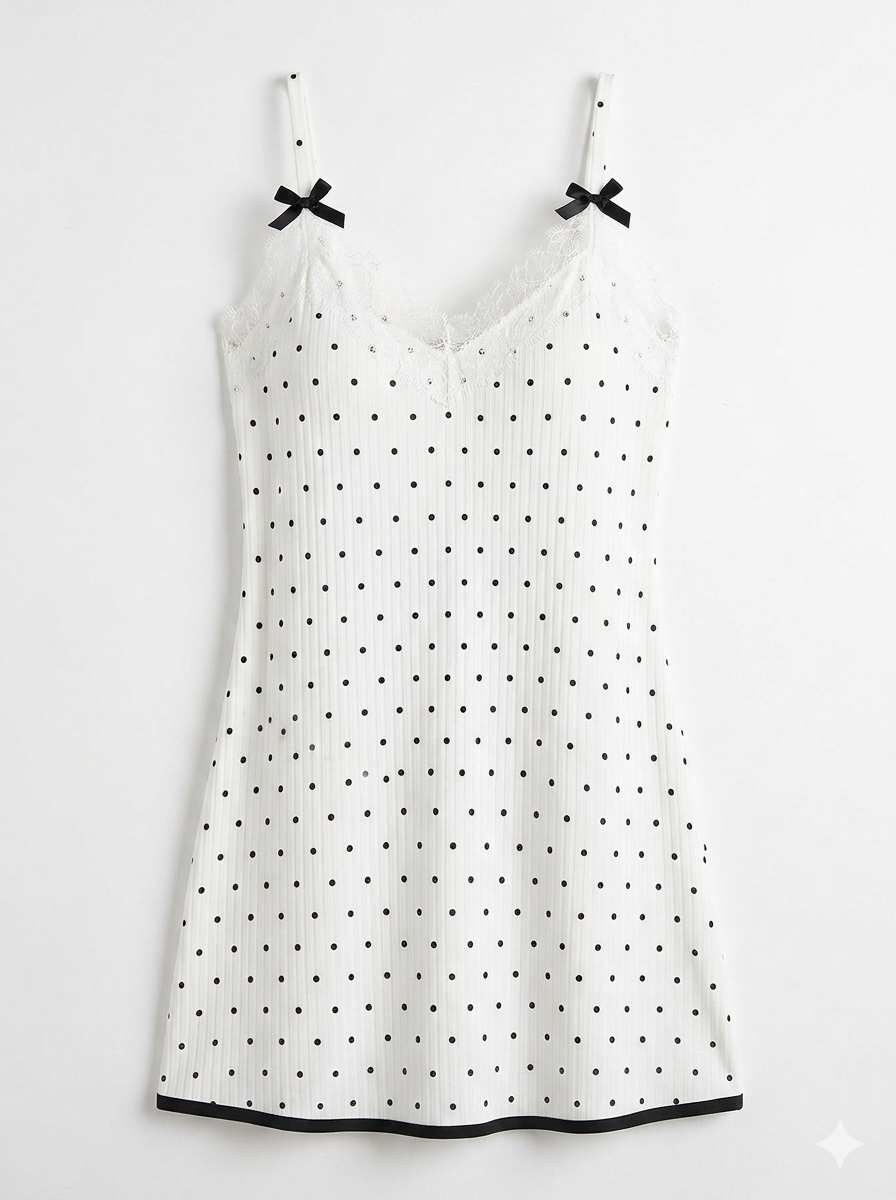 White polka dot camisole nightgown with black bows