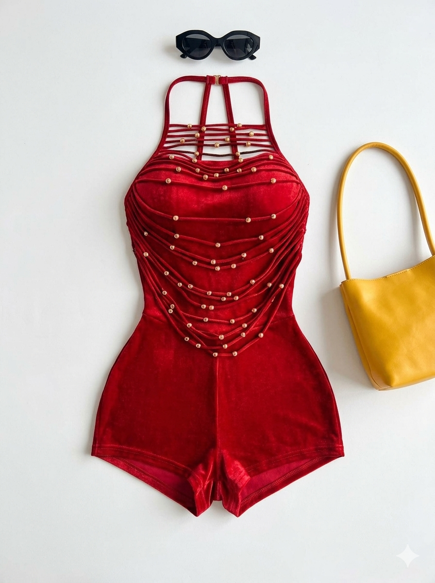 One-piece black strappy bodysuit with gold studs