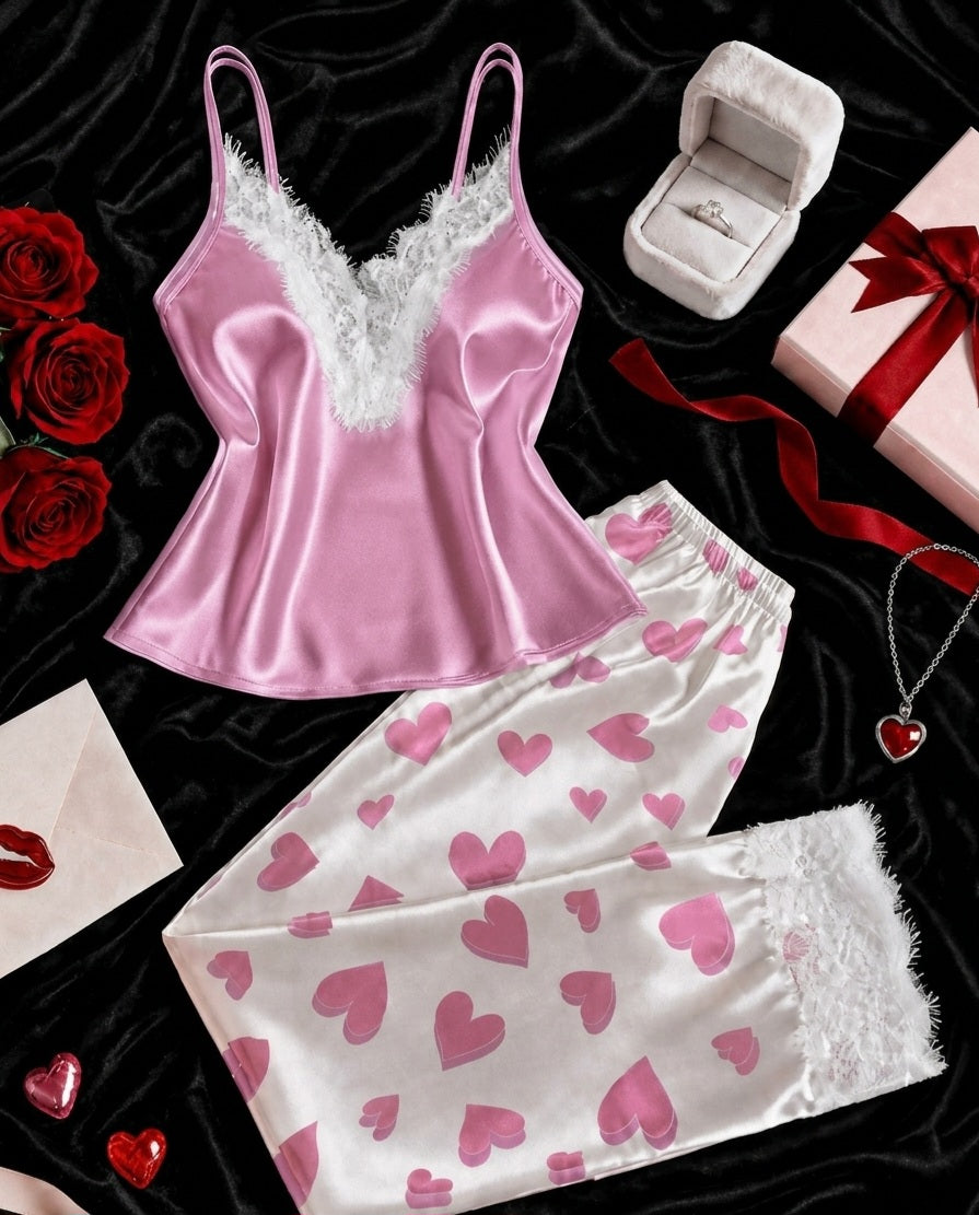 Heart print satin pajama set