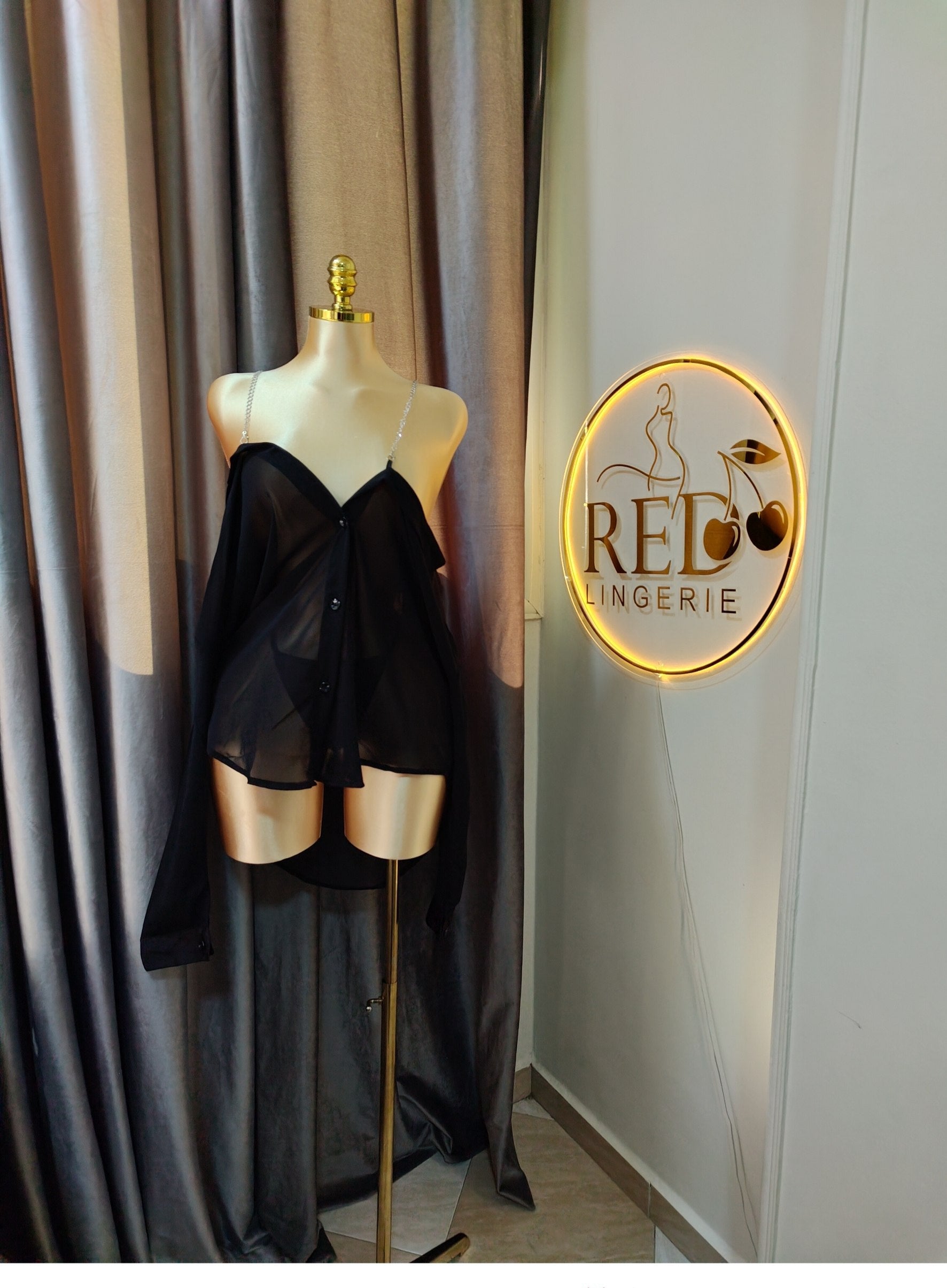 off-shoulder black sheer lingerie with diamod straps