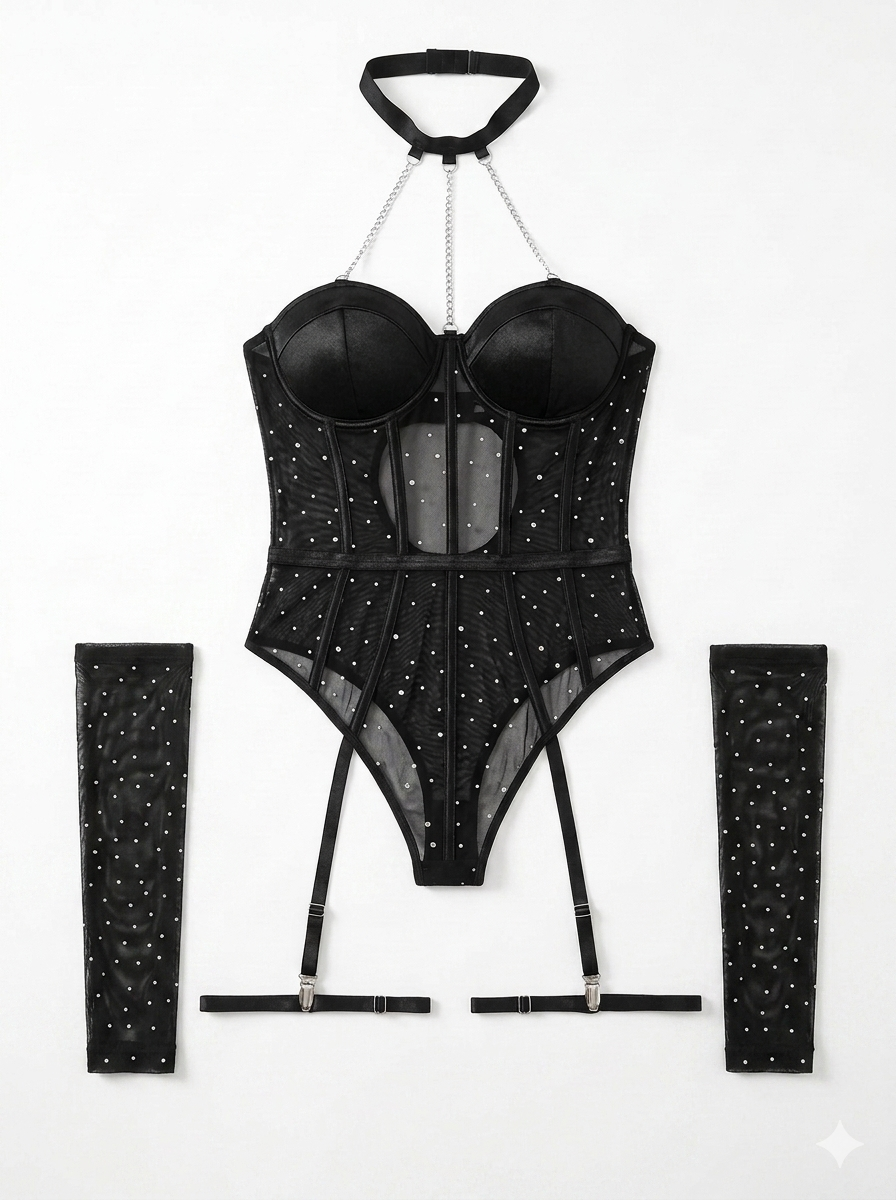 Glamour Black Corset Bodysuit with Sleeves