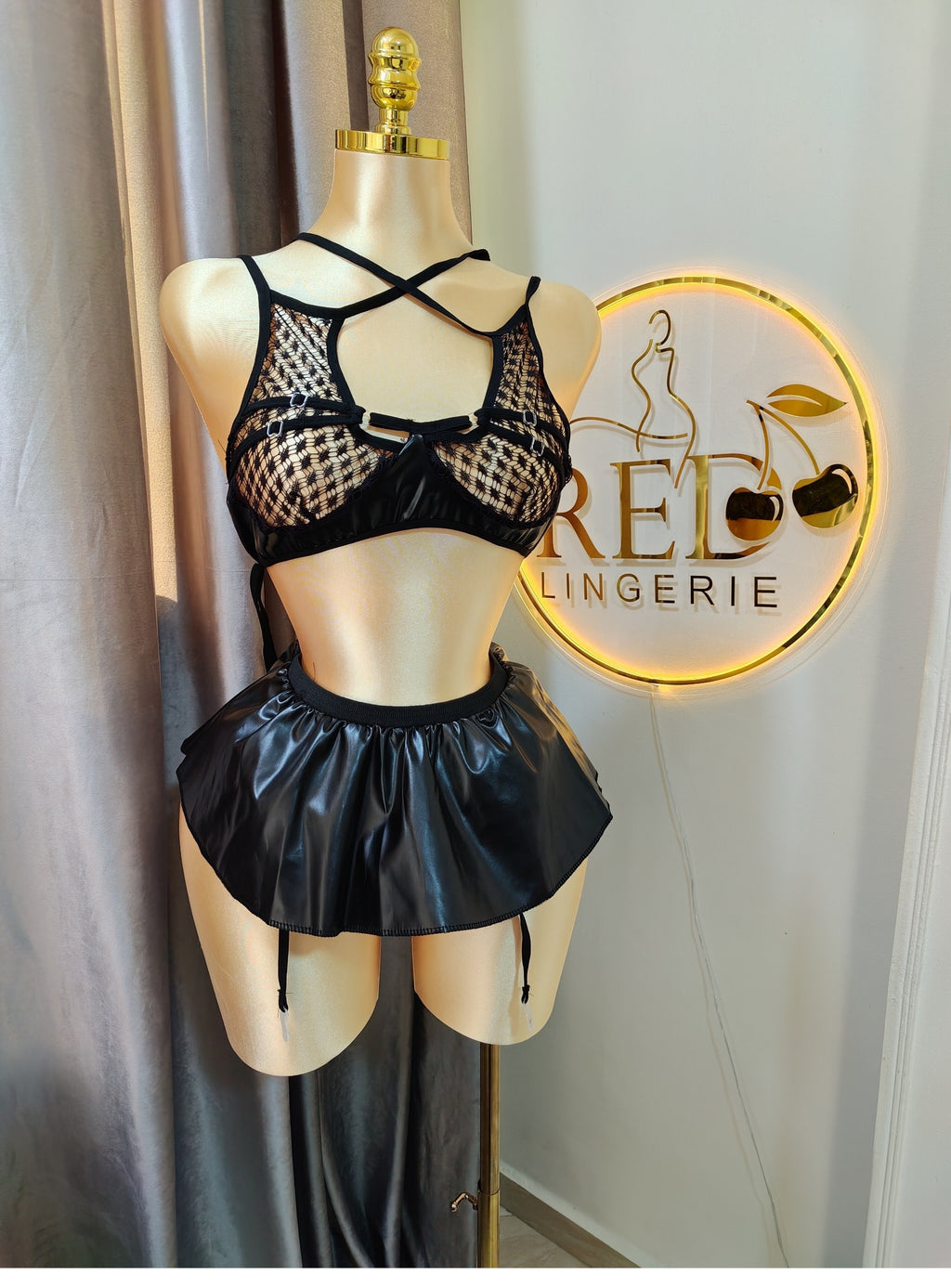 Leather & Fishnet Lingerie Set