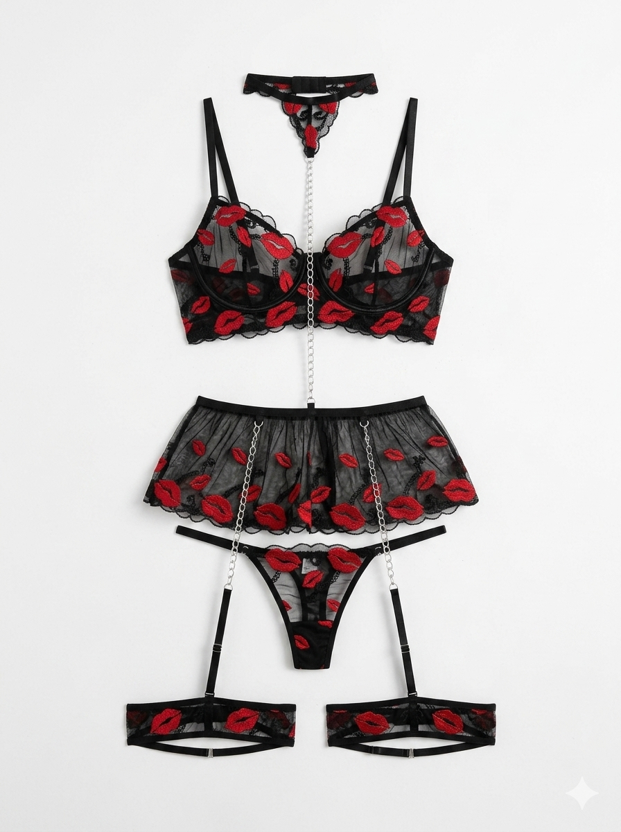 Mesh and lace lip print lingerie