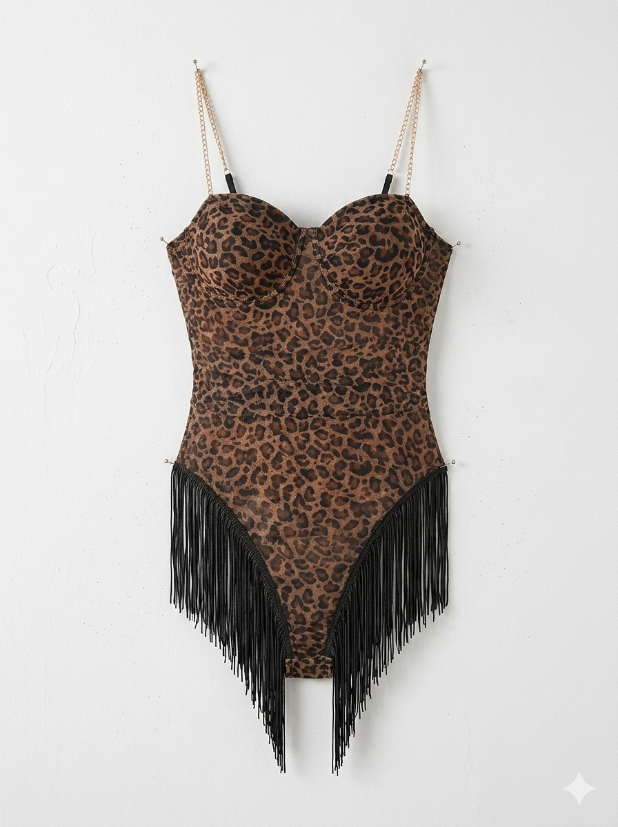 Bold leopard bodysuit with fringe details