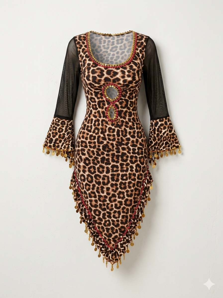 Leopard print dance dress with gold coins.