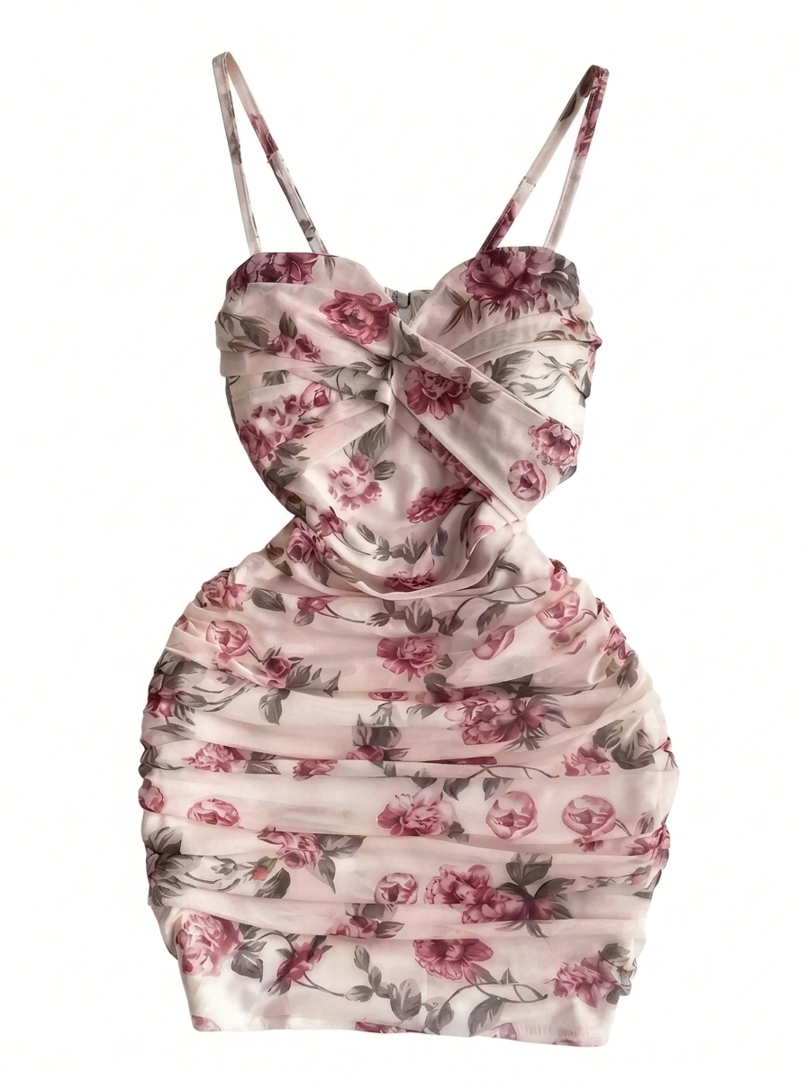Elegant Floral Ruched Mini Dress