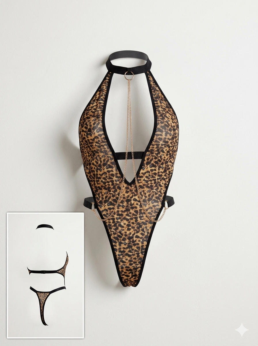 A leopard-print halter bodysuit with black straps