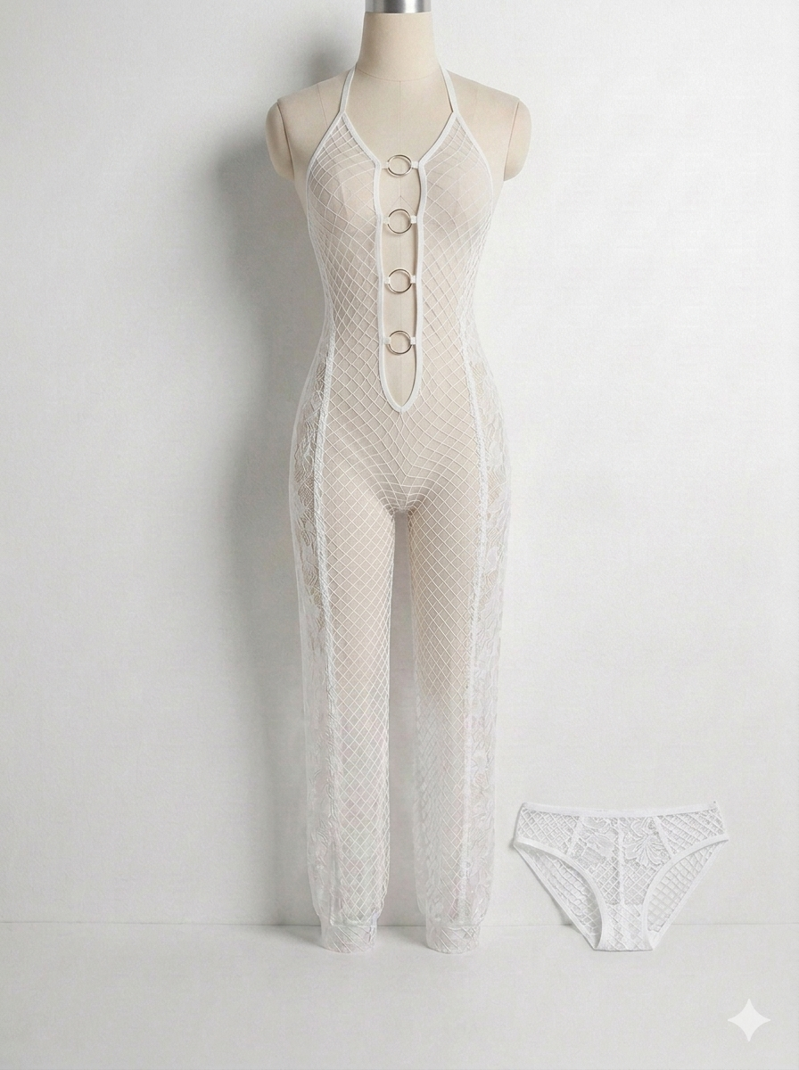 Sheer fishnet jumpsuit with a separate lace panty