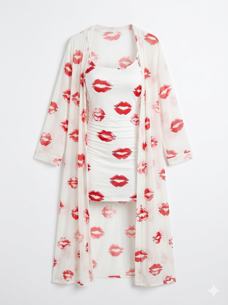 Lip print dress and sheer mesh robe set.