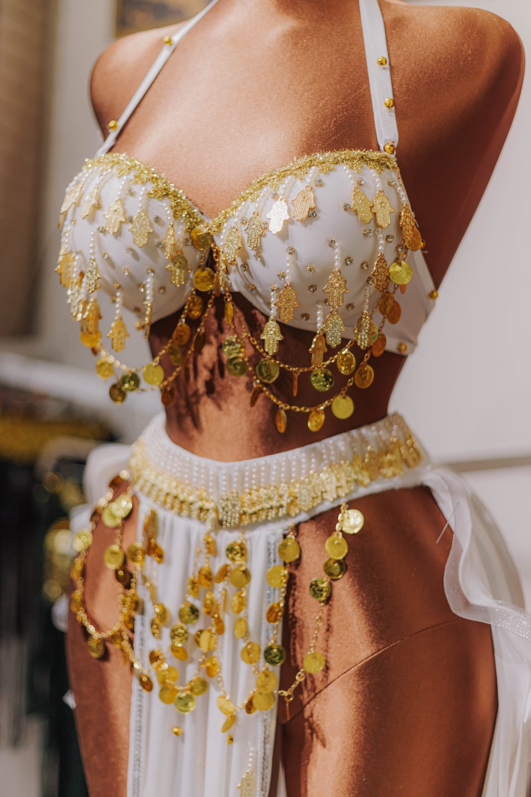 Handmade belly dance costume (white with gold)