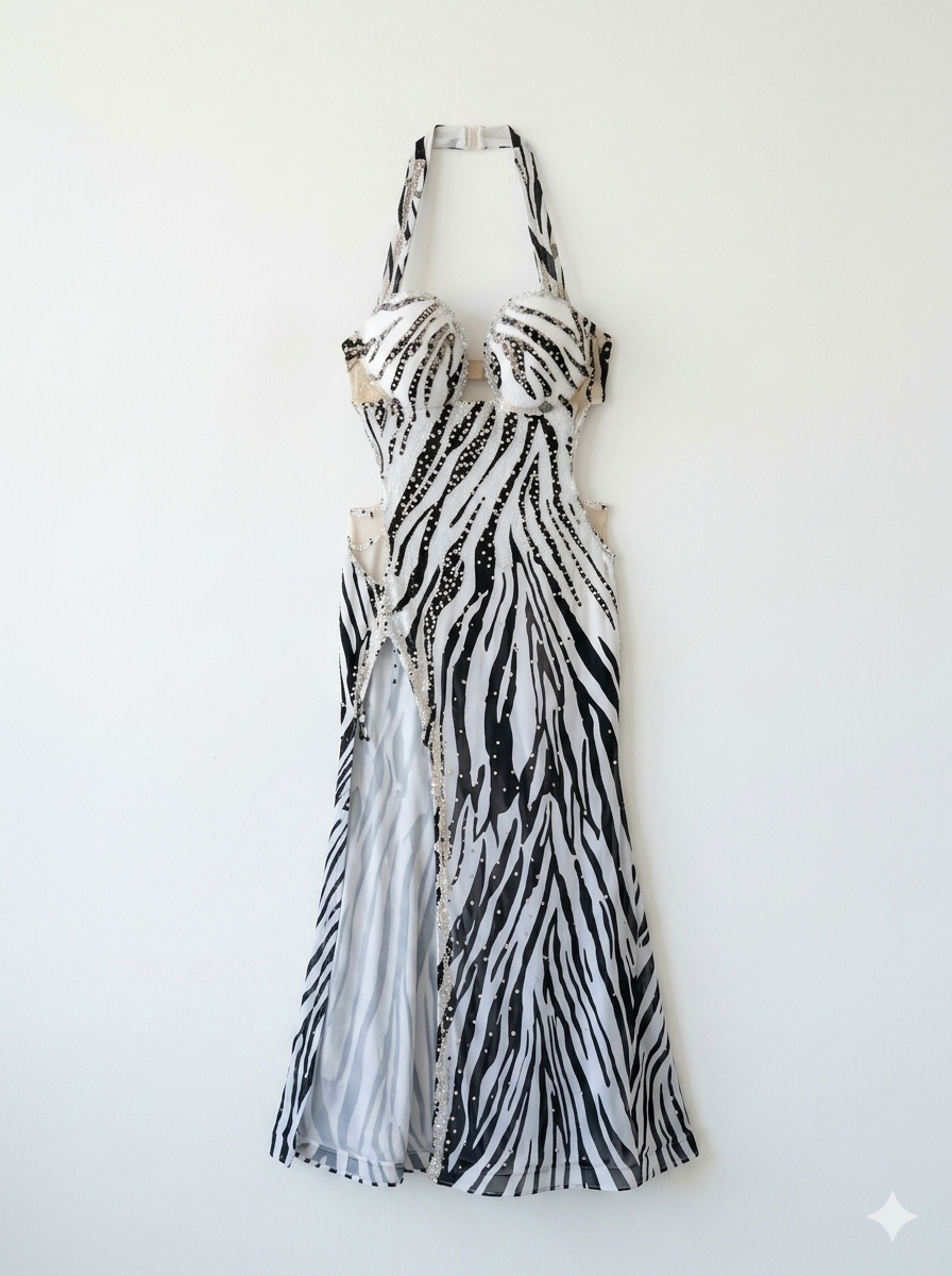 Zebra print belly dance costume with high slit
