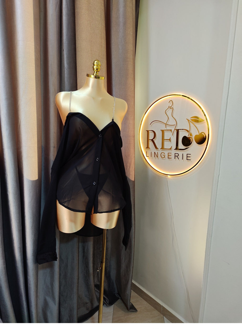 off-shoulder black sheer lingerie with diamod straps