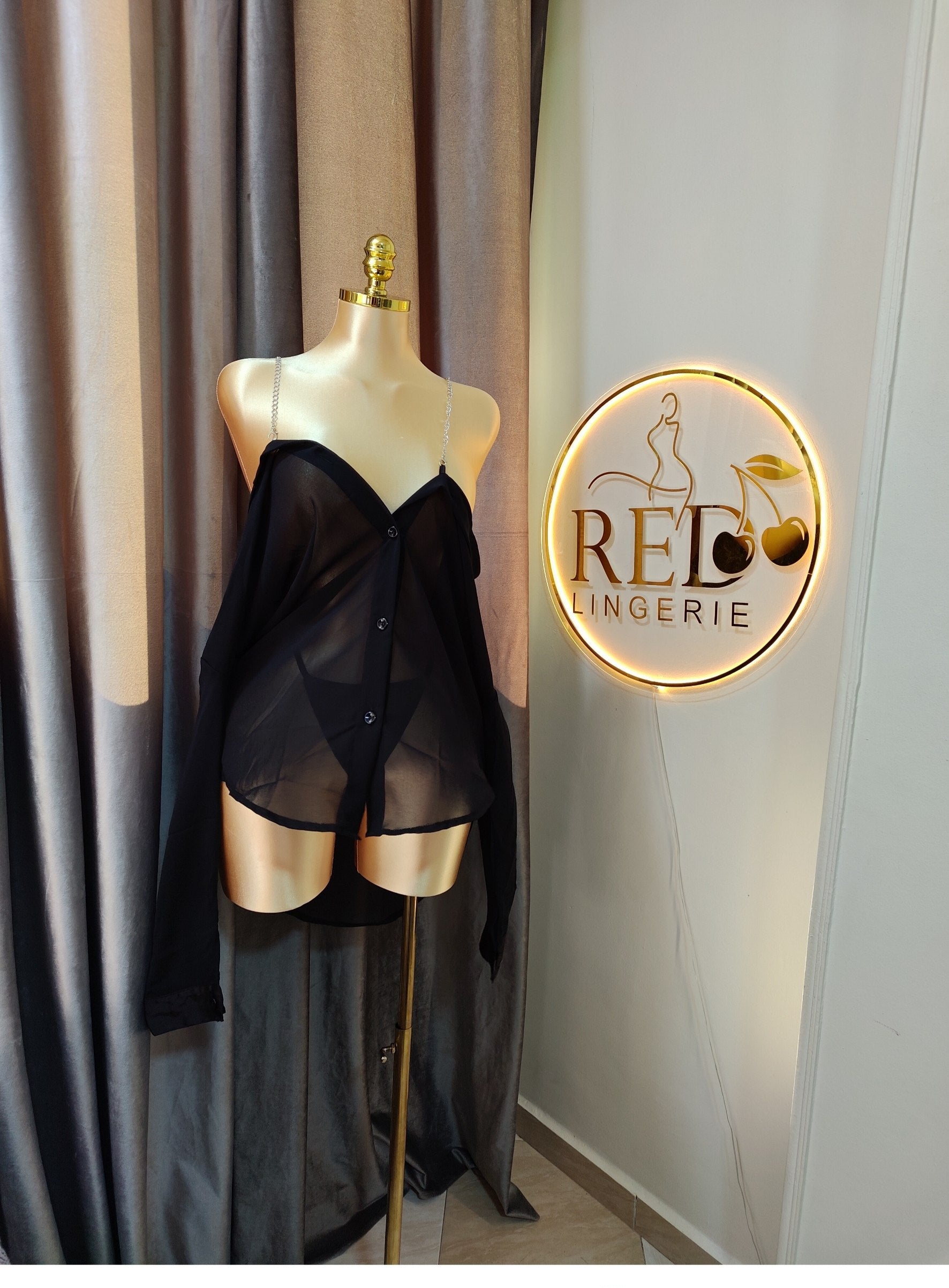 off-shoulder black sheer lingerie with diamod straps