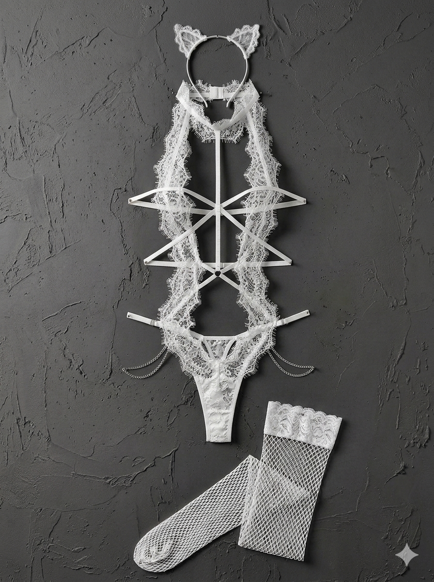 White lace teddy with fishnet stockings