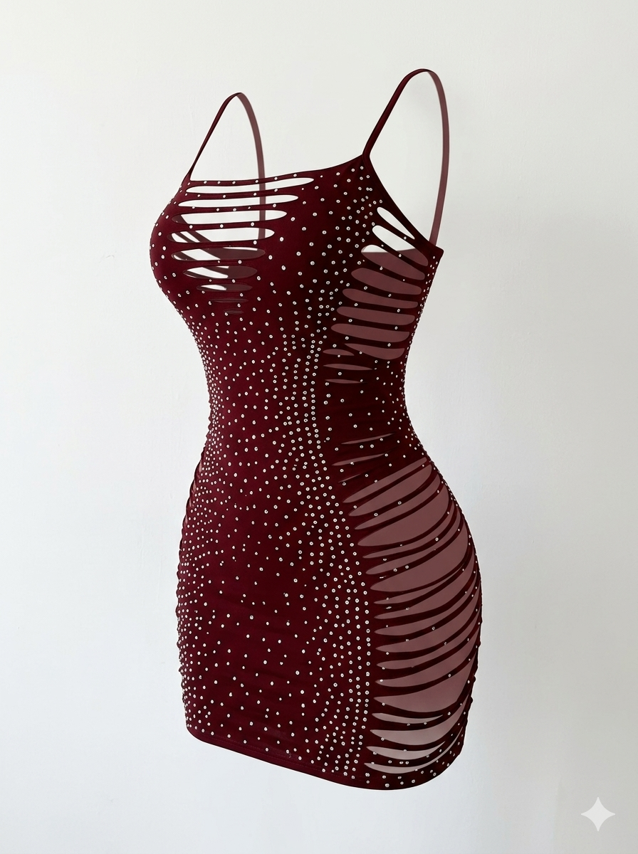 Rhinestone mini dress with ripped cuts